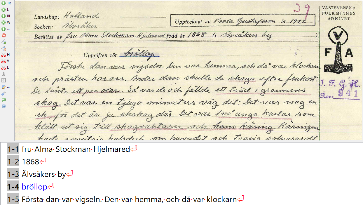 Bild 15: Transkriptionsvyn (IFGH 941, s. 39). 
