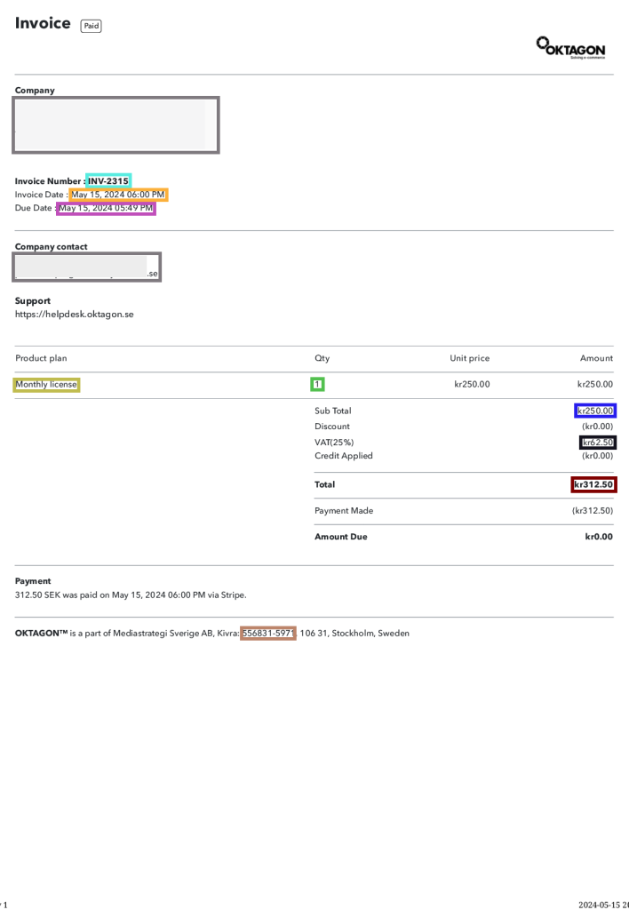 Bild 20. Layoutanalys av faktura med fakturanummer placerat på ett sätt som liknar placeringen av accessionsnummer i dialektutskriften.