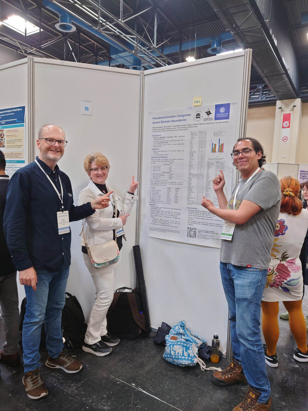 Elena Volodina, Ricardo Muñoz, and Simon Dobnik with the poster on pseudonymization categories at one of the LREC-COLING poster sessions. This work was made in the context of the Mormor Karl project in conjunction with Maria Szawerna, who followed the conference remotely.