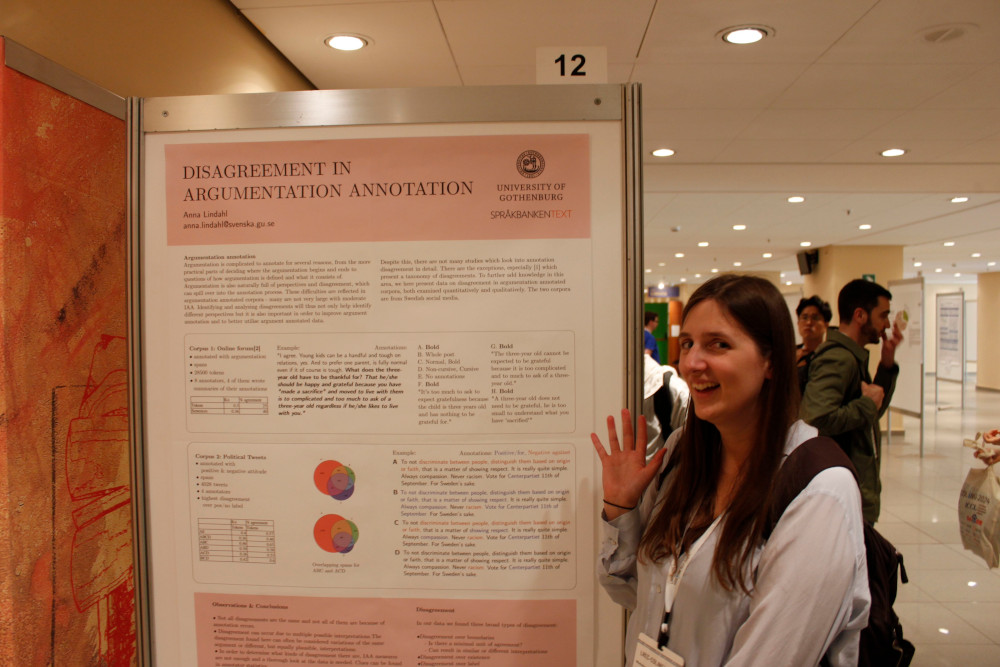 Anna Lindahl with her poster on disagreement on argumentation annotation at the NLPerspectives workshop.