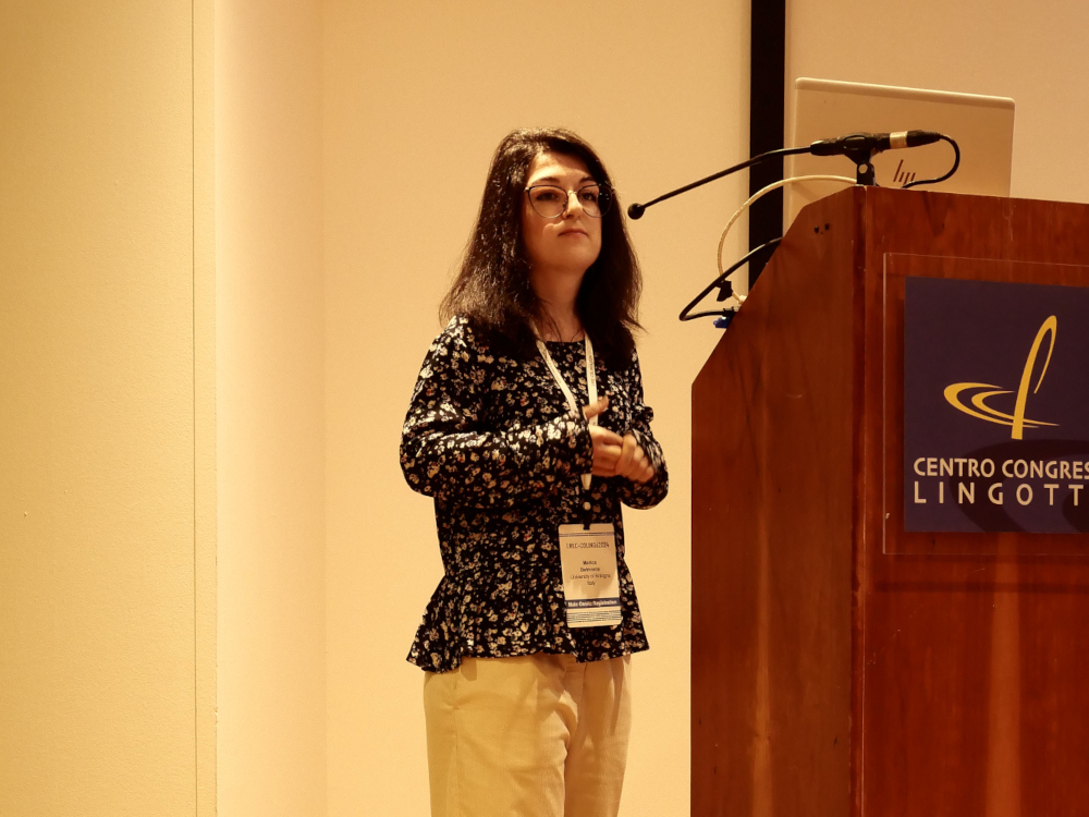 Marica Belmonte presenting her work on the study of rhythm features of patients with mild cognitive impairment and dementia and how they can be used to detect these conditions pathological speech in dementia patients at the RaPID workshop. This was work partly made during her internship at Språkbanken Text with Dimitrios Kokkinakis, the workshop organizer.