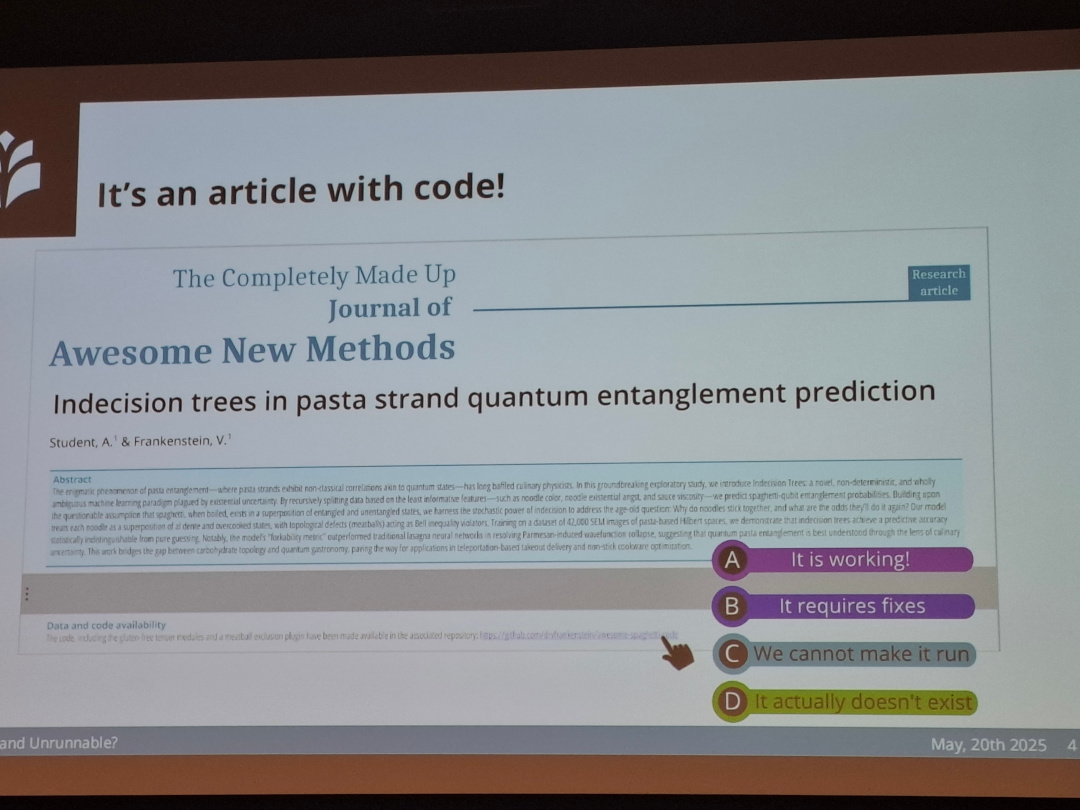 A slide with a made-up scientific paper titled Indecision trees in pasta strand quantum entanglement prediction and the question if the linked code A) is working, B) can be fixed, C) doesn't run at all, D) is missing