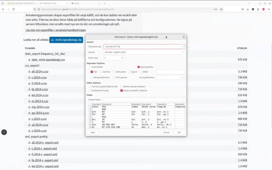 En CSV-fil från Mink öppnas i LibreOffice